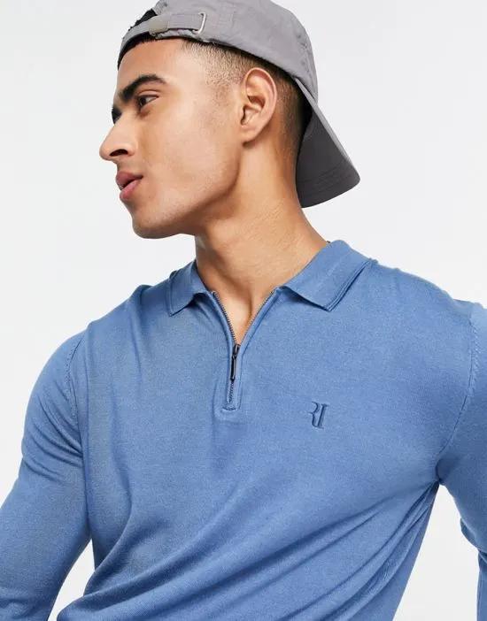 zip up polo top in blue