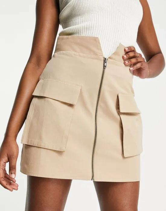 zip up utility mini skirt in stone