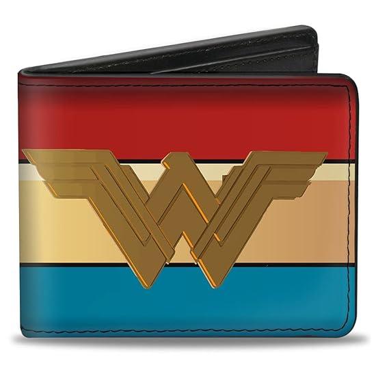 Mens Buckle-down Pu Bifold - Wonder Woman 2017 Icon/Stripe Red/Golds/Blue Bi Fold Wallet, Multicolor, 4.0 x 3.5 US