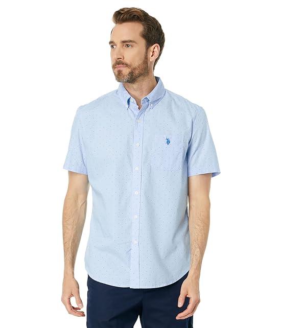 Short Sleeve Dot Print Solid Poplin Woven Shirt