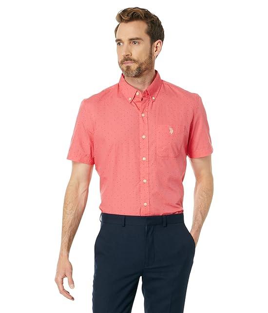 Short Sleeve Dot Print Solid Poplin Woven Shirt
