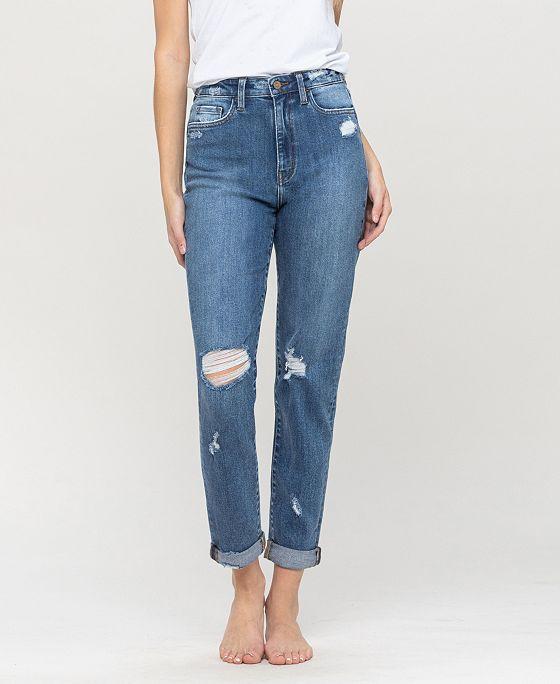 Women's Distressed Double Cuffed Stretch Mom Jeans
