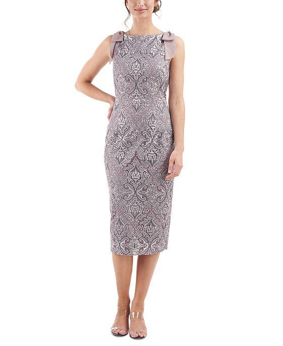 Women's Bow-Shoulder Embroidered Mesh Sheath Dress 