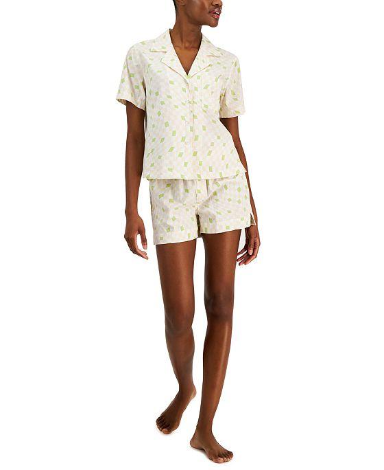 Women's Woven Notched-Collar Short Pajamas Set, Created for Macy's