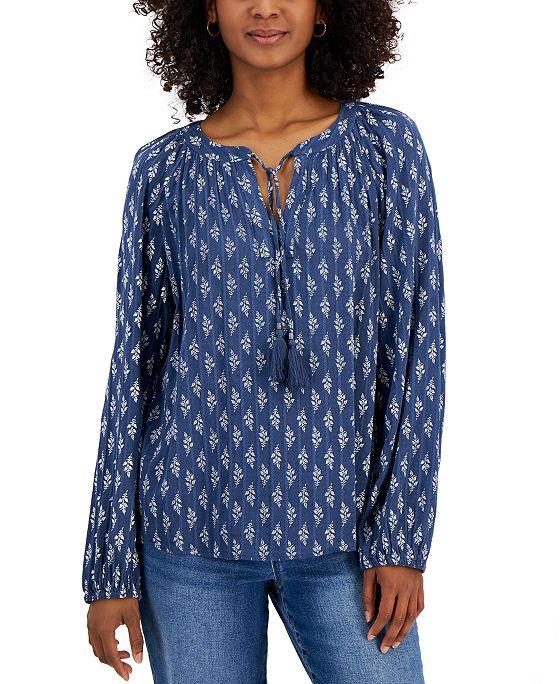 Women's Printed Drapey Tie Peasant Blouse, Created for Macy's