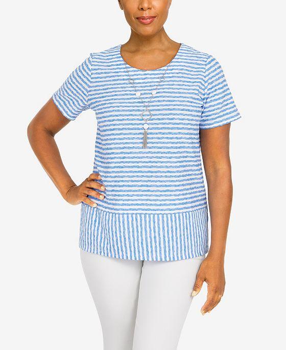 Women's Classics Stripe Texture Knit Short Sleeve Top with Necklace