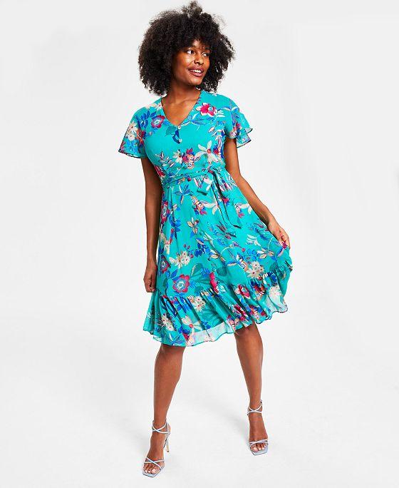 Women's Printed Flutter-Sleeve Fit & Flare Dress