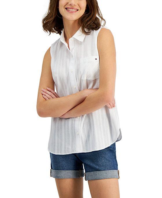 Women's Cotton Lace Striped Sleeveless Shirt
