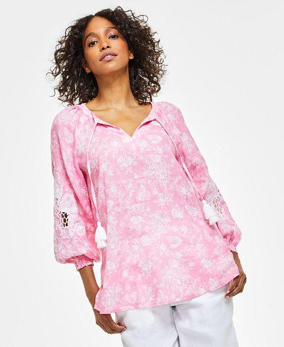 Women's Linen Toile-Print Top, Created for Macy's