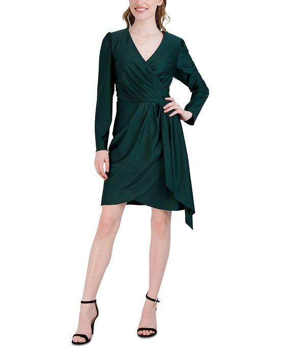 Women's Pleated Faux-Wrap Long-Sleeve Dress