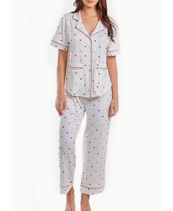 Women's Kyley Pajama Heart Print Pant Set Trimmed in Red, 2 Piece