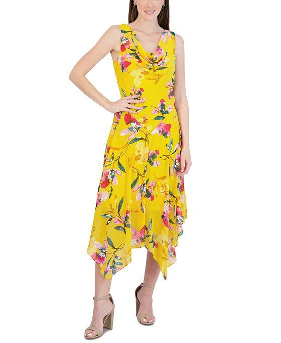 Women's Sleeveless Draped-Neck Floral-Print Dress