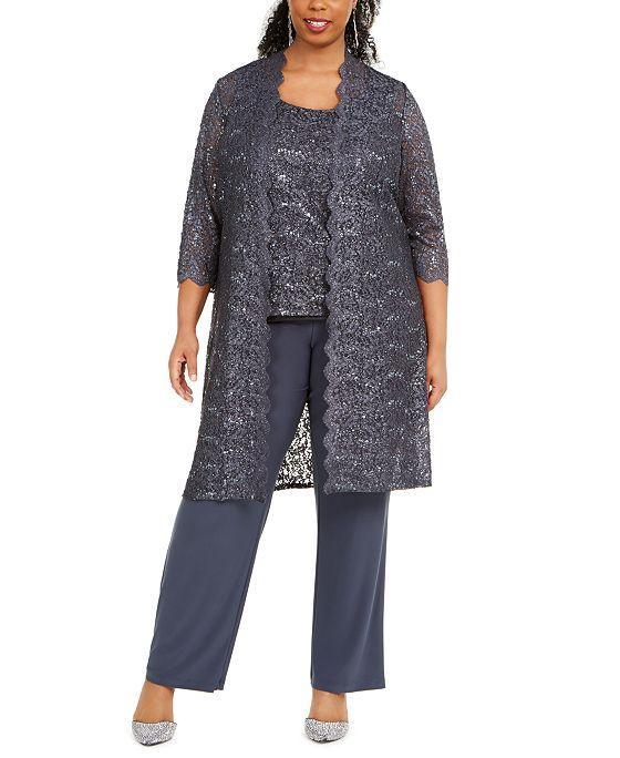 3-Pc. Plus Size Sequined Lace Pantsuit & Shell