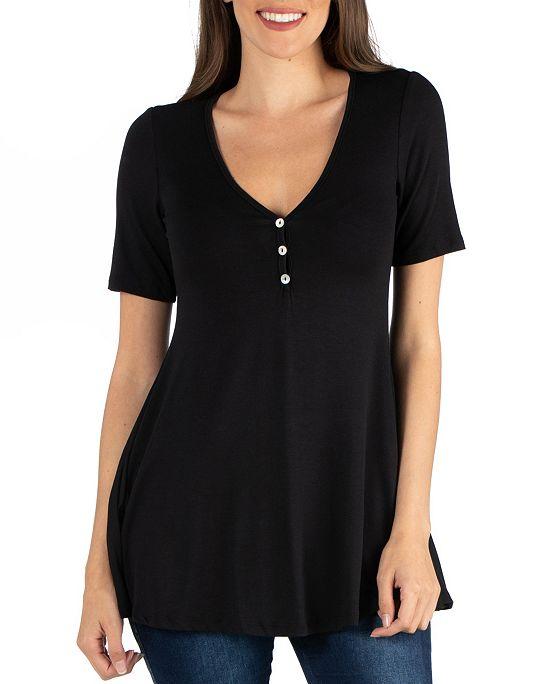 Quarter Sleeve Tunic Top with Button Detail