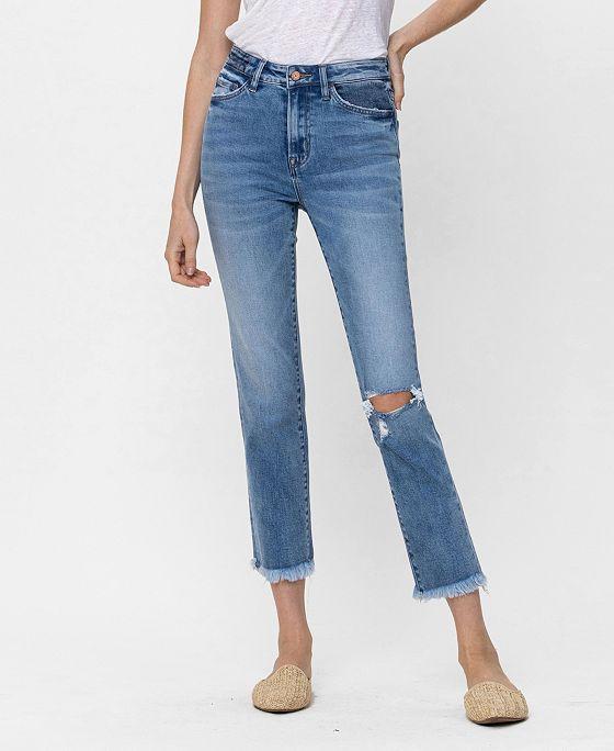 Women's Knee Slit Fray Hem Crop Straight Jeans