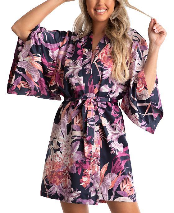 Women's Mina Tropical Printed Satin Wrap Robe