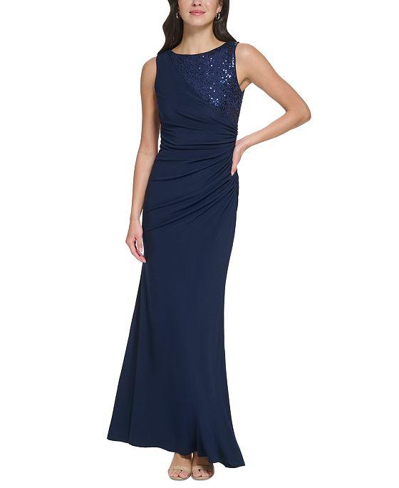 Women's Sequined Ruched Asymmetrical Gown