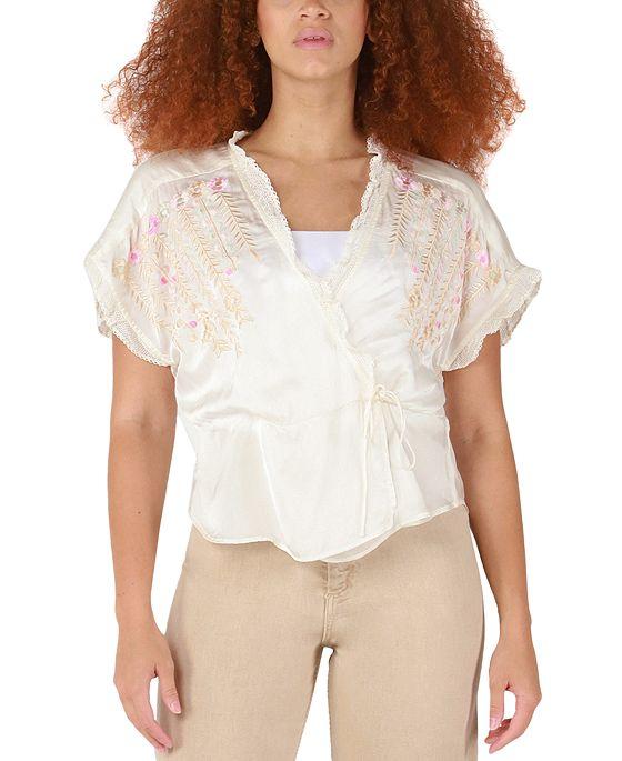 Women's Embroidered Tie-Front Wrap Top