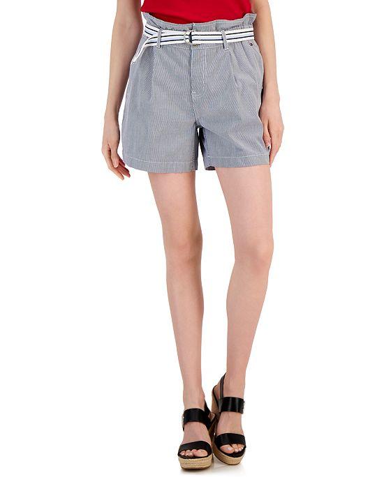 Women's Striped Belted Paper-Bag Shorts