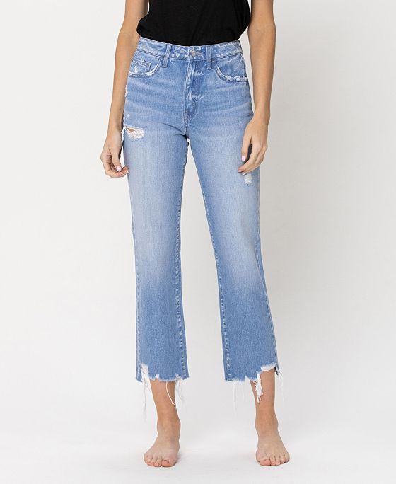 Women's High Rise Vintage-Like Straight Crop Jeans with Distressed Hem
