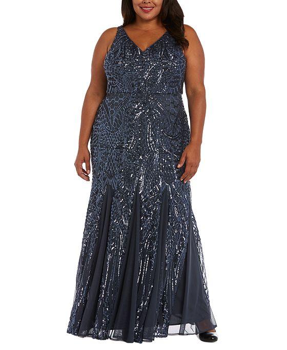 Nightway Plus Size Sequined Mesh Gown