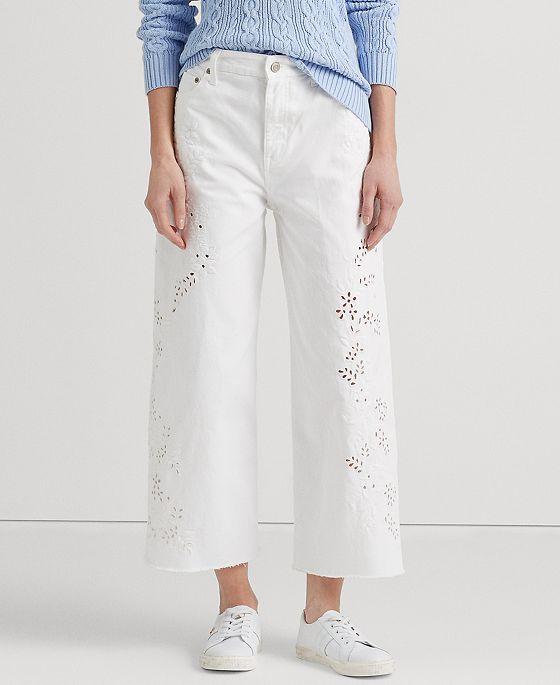 Women's Eyelet High-Rise Wide-Leg Cropped Jeans