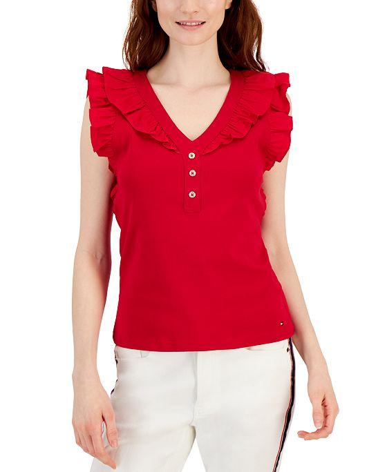 Women's Cotton Solid-Color Ruffled Henley Top