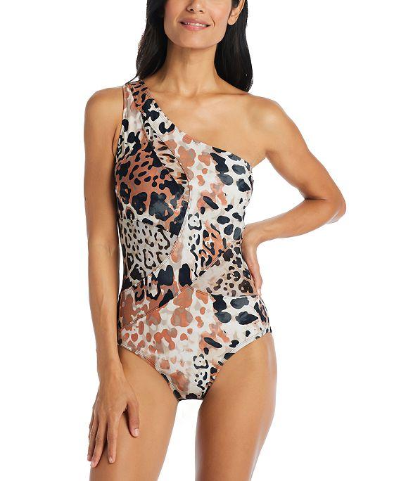 Women's Neutral Animal-Print One-Shoulder One-Piece Swimsuit With Mesh Cut-Outs