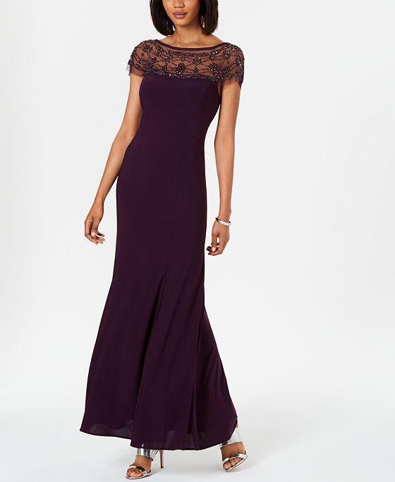Women's Illusion Beaded-Trim A-Line Gown