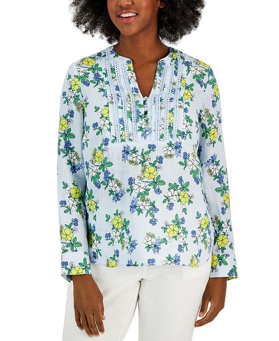 Women's Linen Printed Split-Neck Tunic, Created for Macy's