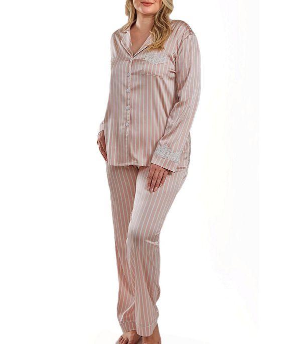 Brillow Plus Size Satin Striped Button Down Pajama Pant Set, 2 Piece