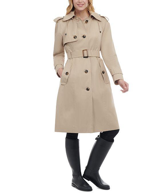 London Fog Women's Petite Hooded Belted Water-Repellent Trench Coat