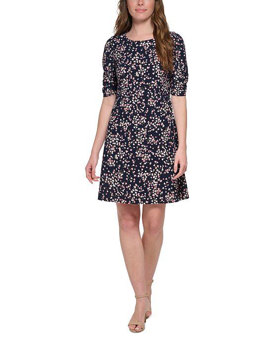 Women's Floral-Print Ruched-Sleeve Shift Dress