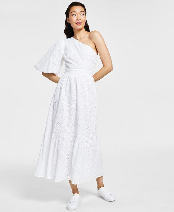 Women's Cotton Eyelet One-Shoulder Maxi Dress