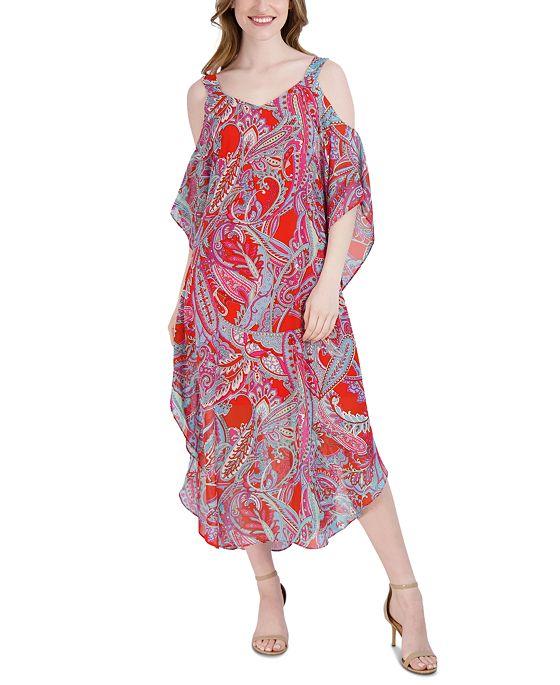 Women's Paisley-Print Cold-Shoulder Midi Dress