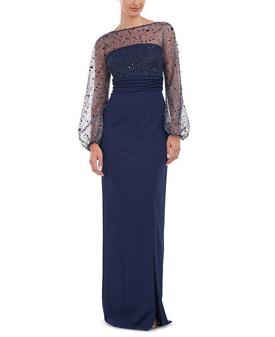 Women's Embellished Mesh Balloon-Sleeve Gown