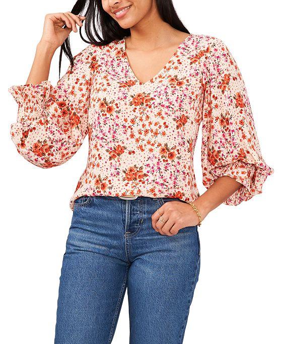 Women's Floral-Print V-Neck Smocked-Cuff Top