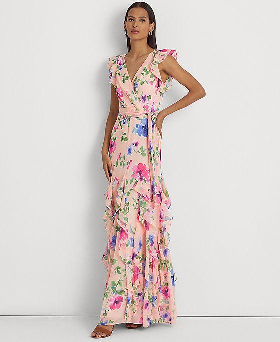 Women's Floral Ruffle-Trim Georgette Gown