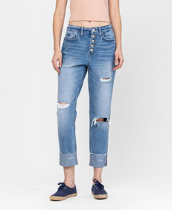 Women's Button Up Boyfriend Jeans with Cuffed Hem Detail