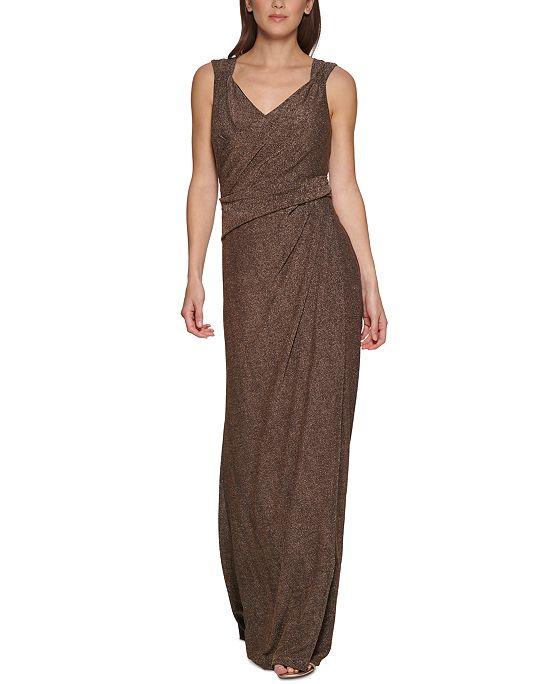 Women's V-Neck Metallic Ruched-Knit Sleeveless Gown