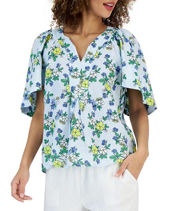 Women's Linen Floral Flutter-Sleeve Top, Created for Macy's