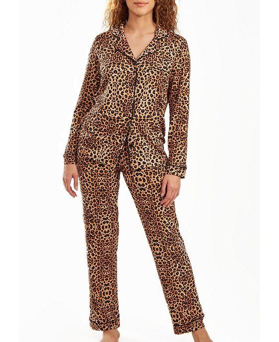 Women's Chiya Modal Leopard Pajama Pant Set with Button Down Collar, 2 Piece