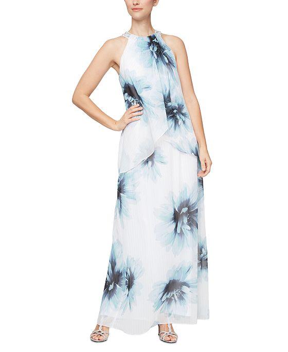 Women's Embellished Halter Floral-Print Chiffon Gown