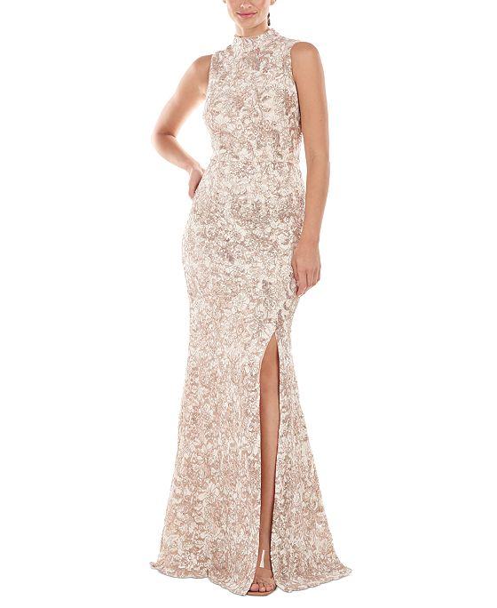 Women's Embroidered Mock-Neck Sequined Gown