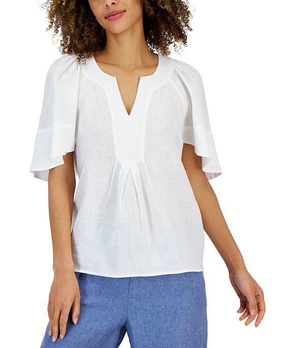 Women's Linen Split-Neck Flutter-Sleeve Top, Created for Macy's