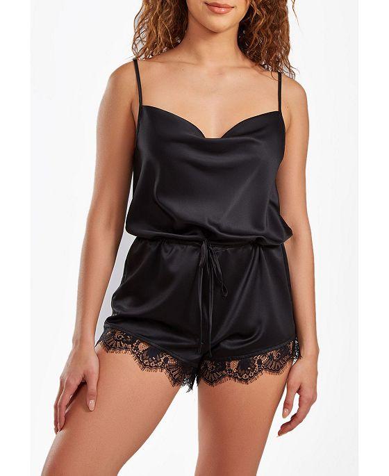 Women's Jeanie Satin Romper with Front Drape and Floral Eyelash Lace Trim