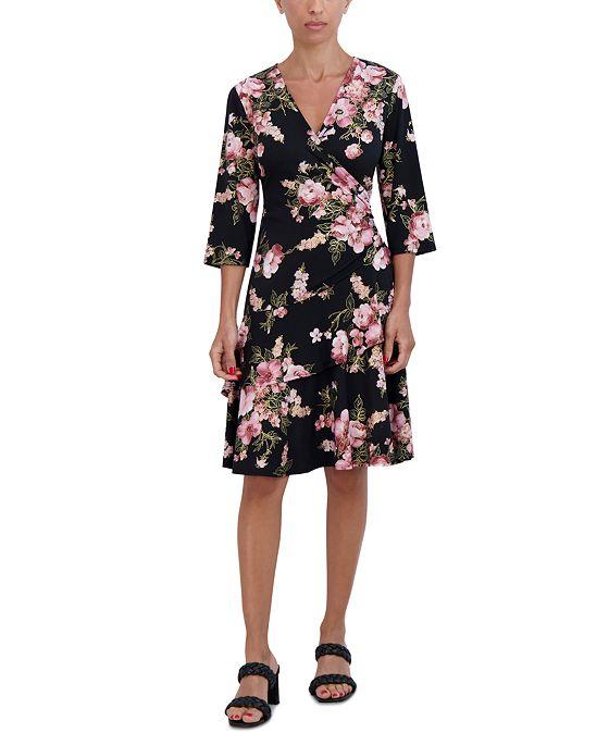 Women's V-Neck 3/4-Sleeve Floral Jersey Dress