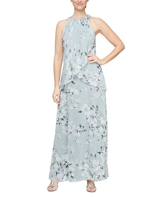 Women's Embellished Halter Floral-Print Chiffon Gown