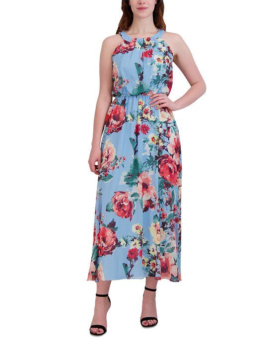 Women's Floral-Print Round-Neck Sleeveless Maxi Dress