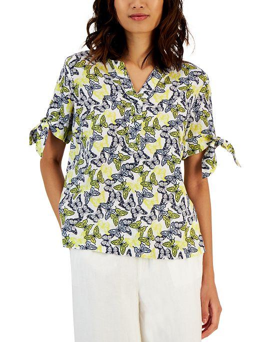 Women's Linen Butterfly-Print Tie-Sleeve Top, Created for Macy's